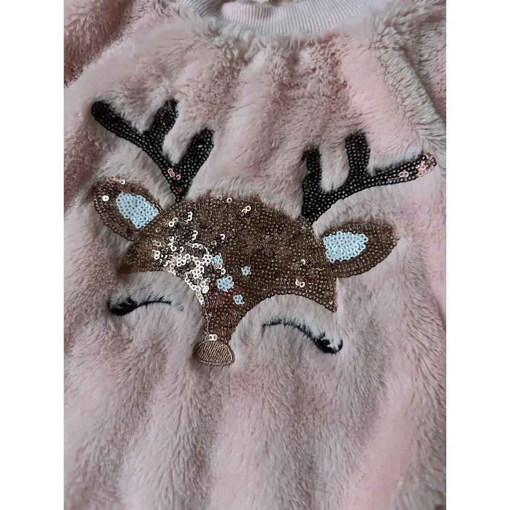 Girls Pink Fuzzy Deer Christmas Sweater - Size 7 - Picture 3 of 4